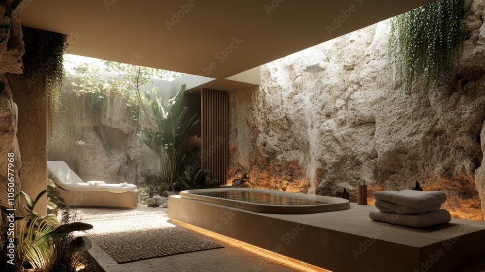 Fototapeta premium Modern Stone Bath with Natural Light and Lush Greenery