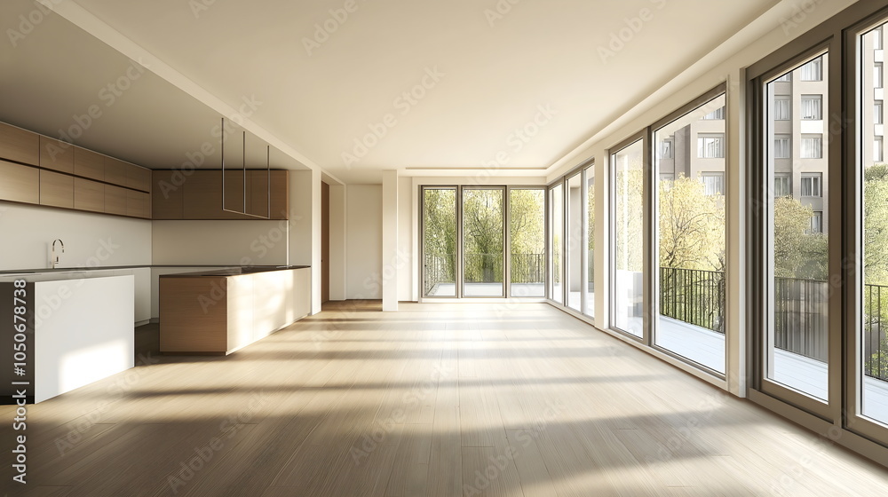 Fototapeta premium Empty modern apartment interior with panoramic windows and kitchen island. Real estate listing content