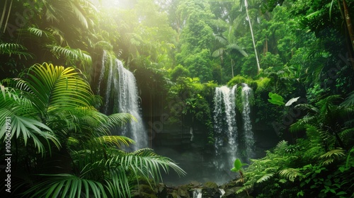 A vibrant tropical rainforest with cascading waterfalls and lush vegetation, dynamic setting with rich greenery, Rainforest style