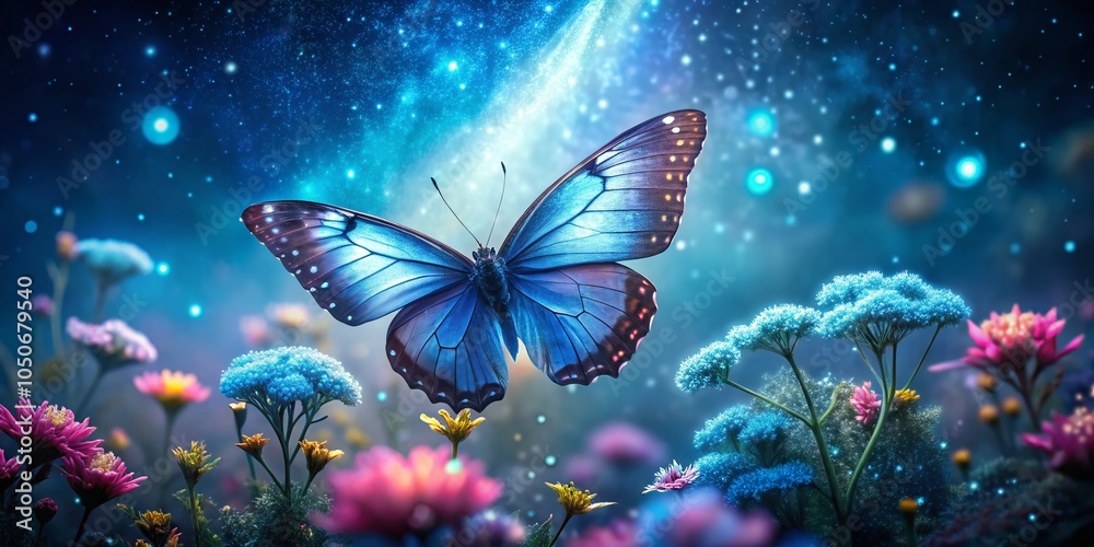 Night Photography of an Amazing Blue Butterfly in a Mystical Garden Setting with Glowing Elements Night Photography of an Amazing Blue Butterfly in a Mystical Garden Setting with Glowing Elements