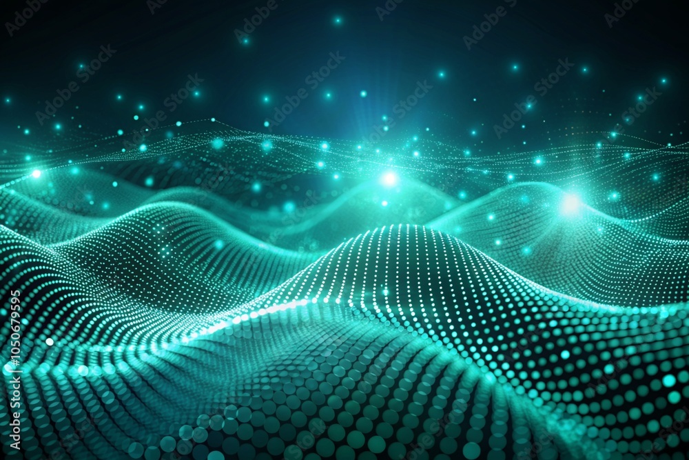 A green, blurry image of a wave with many dots A green, blurry image of a wave with many dots