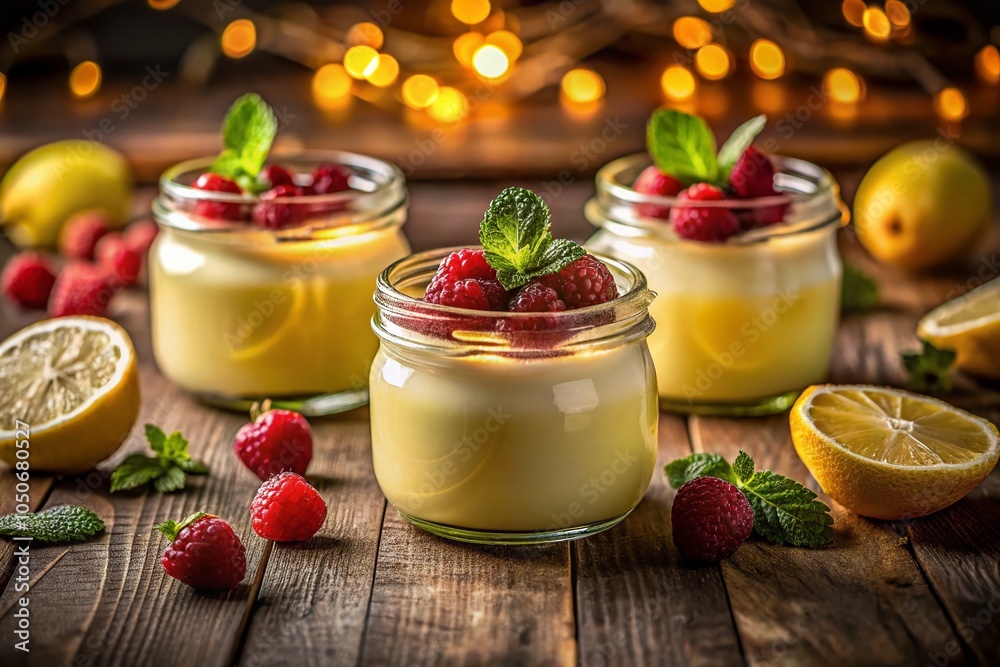 Night Photography of Lemon and Vanilla Curd in Glass Jars with Fresh Raspberries and Lemon Slices for Culinary Night Photography of Lemon and Vanilla Curd in Glass Jars with Fresh Raspberries and Lemon Slices for Culinary
