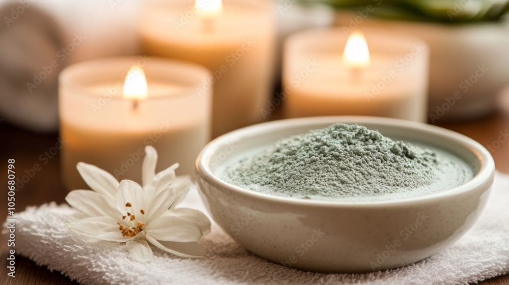 Bowl of Green Facial Clay with Candles and White Flower Bowl of Green Facial Clay with Candles and White Flower
