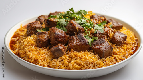 Traditional Arabic Mandi Rice with Tender Lamb Chunks and Fresh Herb Garnish on a Large Serving Plate