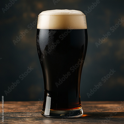 Rich, dark brown beer in an Irish pint glass with thick white head on rustic wooden table photo