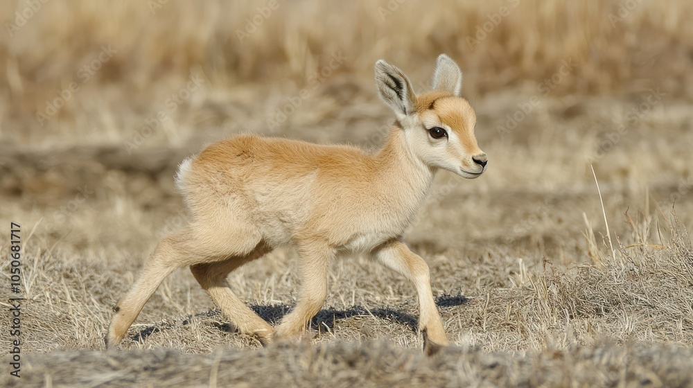 Saiga Antelope Calf Roaming in Its Steppe Habitat Saiga Antelope Calf Roaming in Its Steppe Habitat