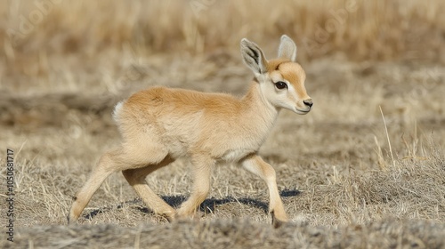 Saiga Antelope Calf Roaming in Its Steppe Habitat