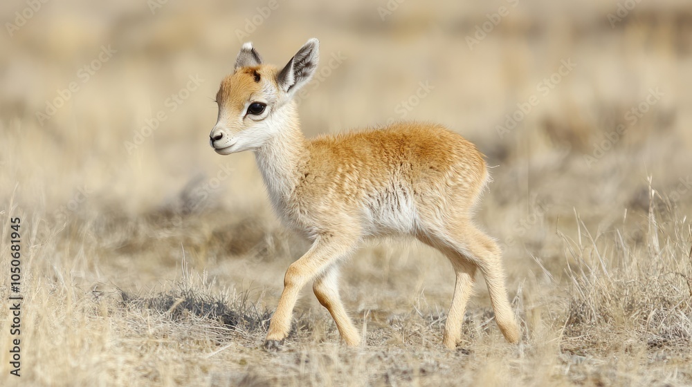 Saiga Antelope Calf Roaming in Its Steppe Habitat Saiga Antelope Calf Roaming in Its Steppe Habitat