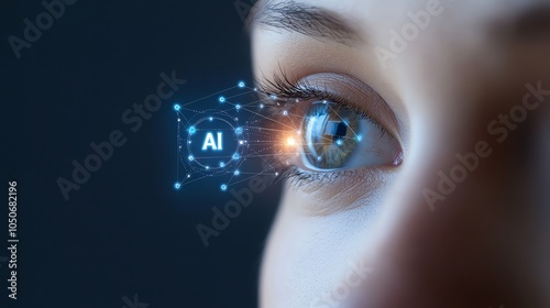 Close-up of a human eye with digital AI interface, representing technology integration and artificial intelligence. Futuristic innovation concept.