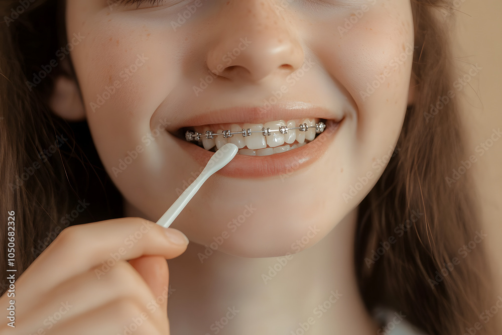 Girl with braces cleaning teeth with interdental brush on beige background, closeup Girl with braces cleaning teeth with interdental brush on beige background, closeup