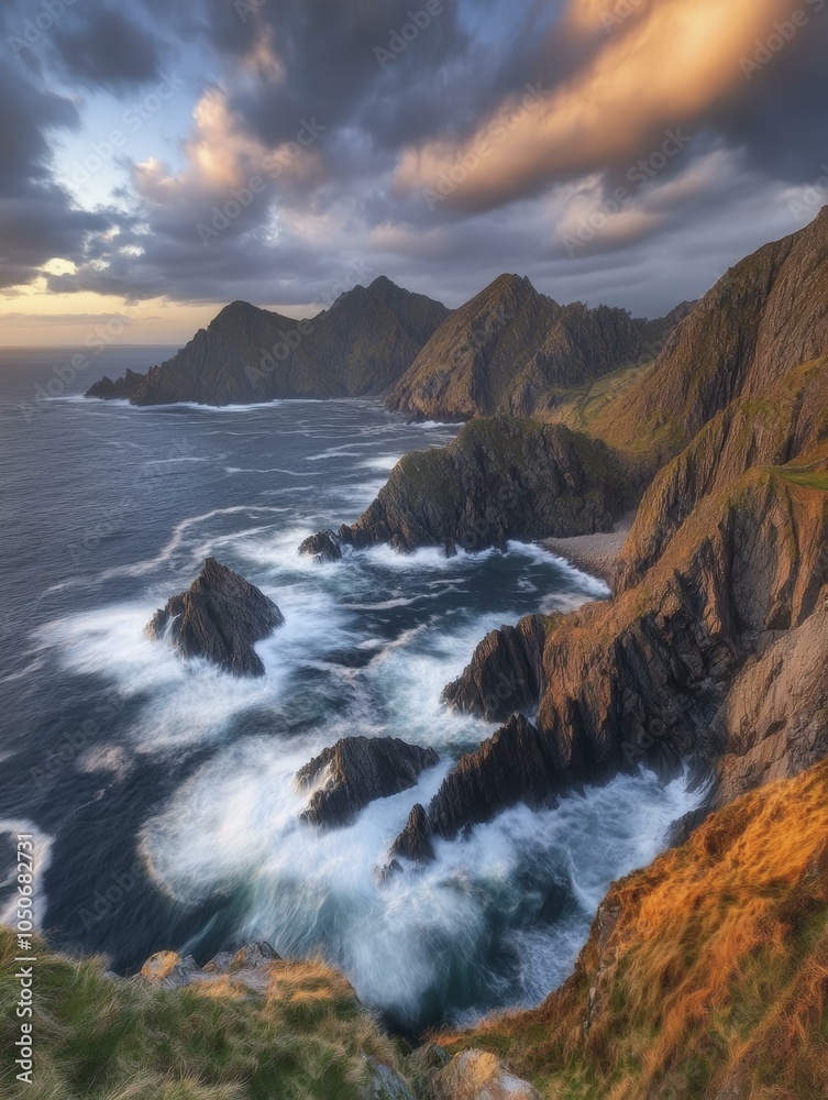 Dramatic Coastal Landscape with Waves Crashing on Rocky Cliffs Dramatic Coastal Landscape with Waves Crashing on Rocky Cliffs