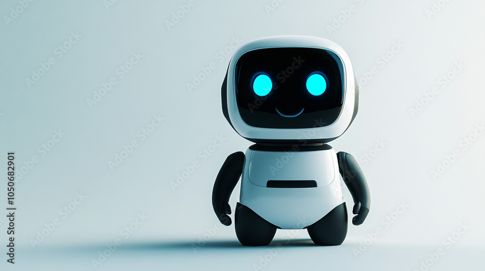 Friendly White Robot with Blue Eyes on a Light Blue Background Friendly White Robot with Blue Eyes on a Light Blue Background