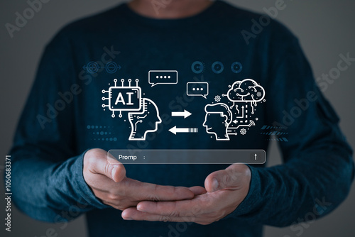 man holding smart AI chatbot and command prompt.Big data storage.Digital Artificial Intelligence technology disruption concept.We are implementing automated tech support and service in the business.