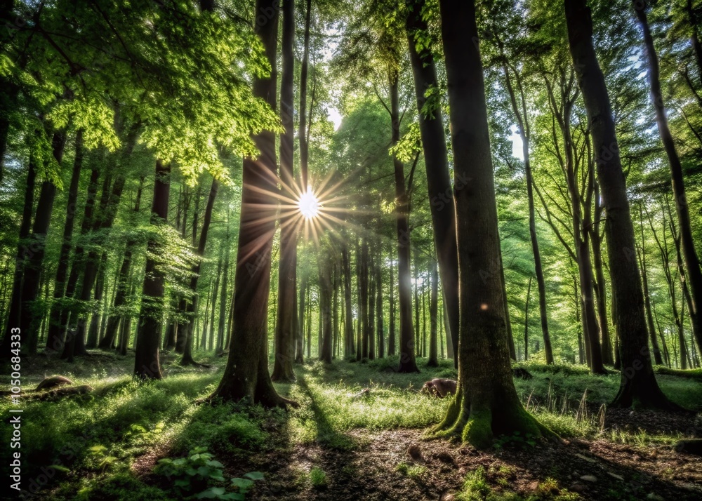 Obraz premium Panoramic View of Lush Green Forest with Sunlight Filtering Through Tall Trees - Nature Photography