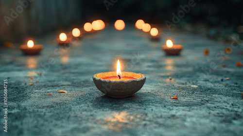 serene village scene featuring traditional oil lamps illuminating pathway during festive celebration. warm glow creates peaceful atmosphere, enhancing festive spirit photo