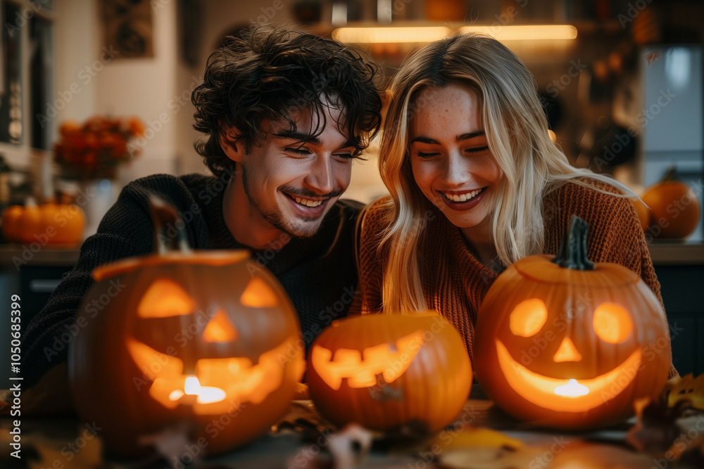 Fototapeta premium A Young Couple Enjoys Carving Pumpkins Together in a Warmly Lit Kitchen during Halloween Season