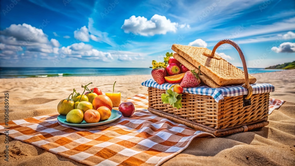 Picnic Basket with Fruits and Sandwiches on Checkered Blanket at the Beach