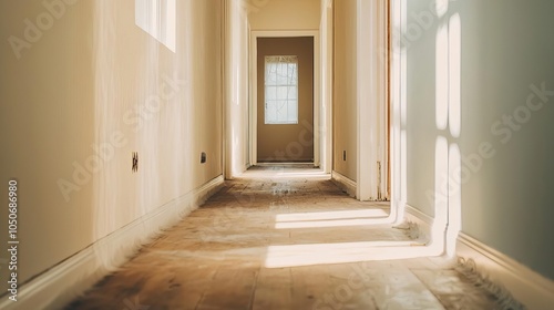 Cobwebfilled dusty hallway in a house undergoing renovation, light streaming in, creating a mystical atmosphere house  dust  renovation, transforming memories photo