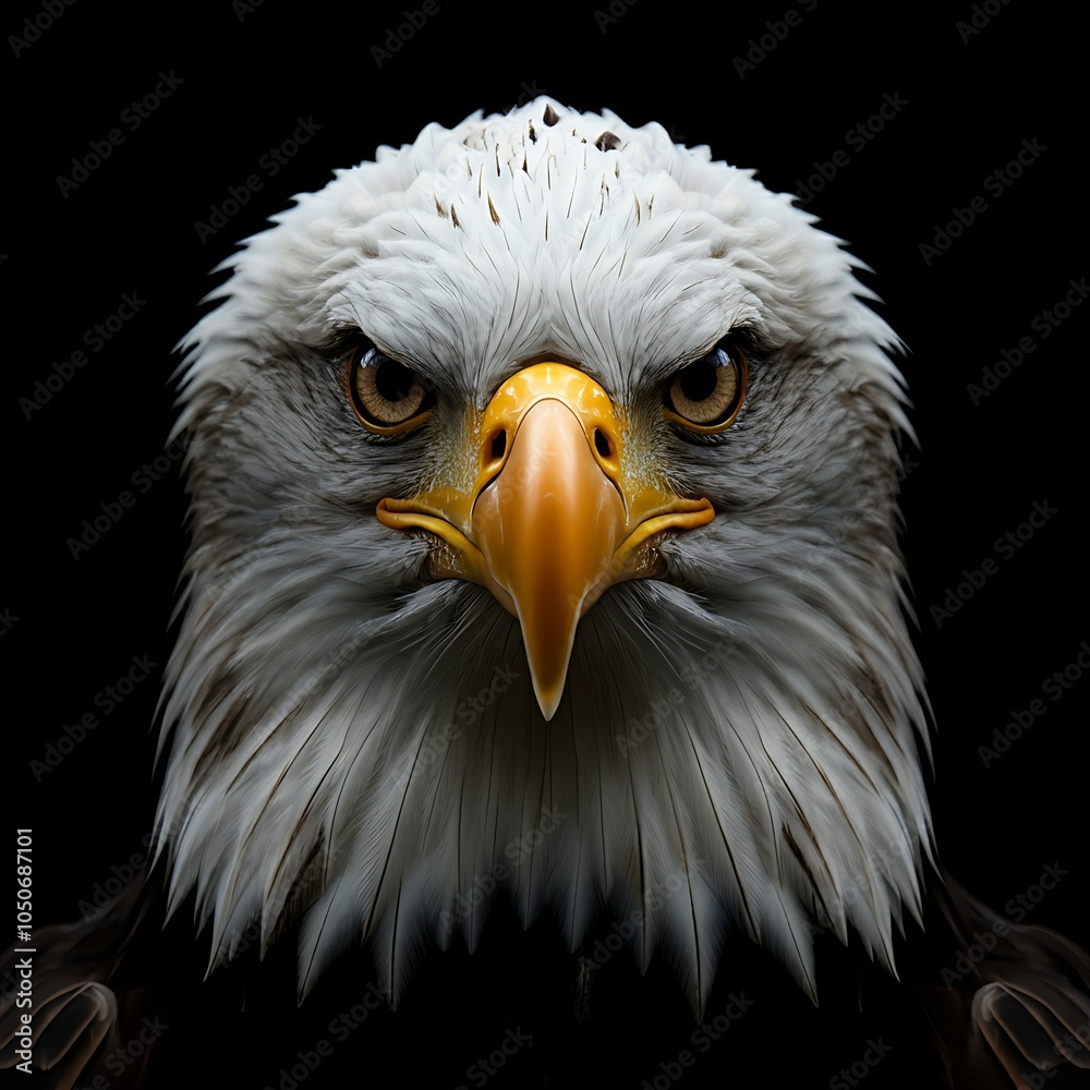 Obraz premium Close-up of a bald eagle's face with a white head, sharp yellow beak, and intense eyes, set against a dark background.