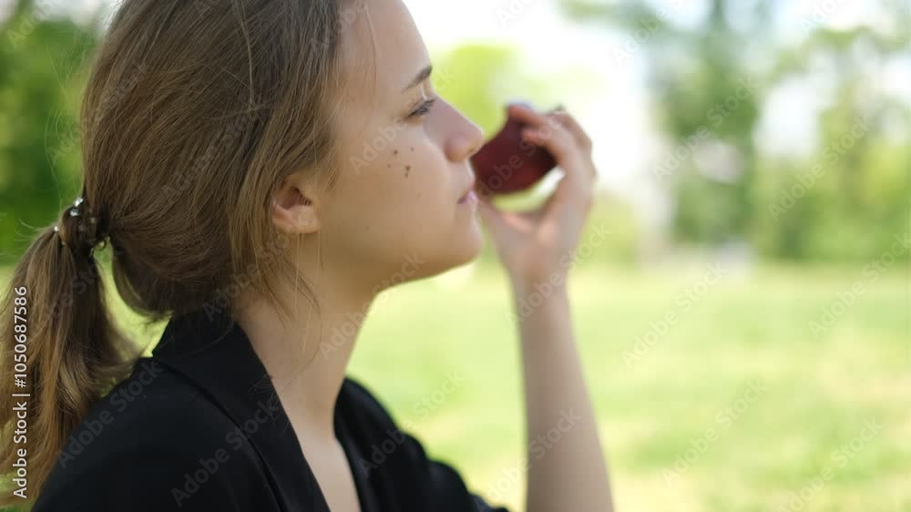 side view portrait of a young woman biting into a red ripe apple side view portrait of a young woman biting into a red ripe apple