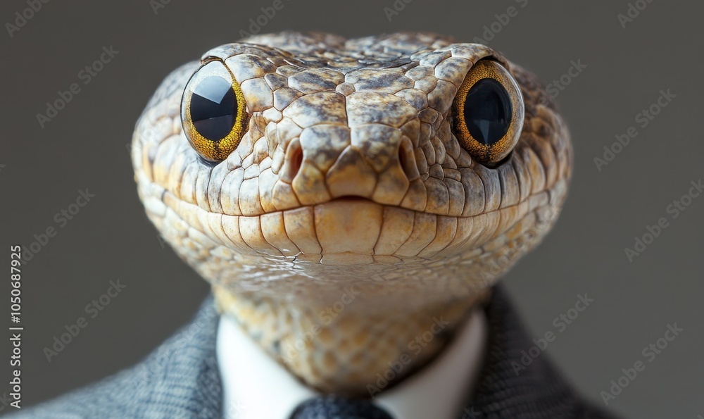 Fototapeta premium Snake in Business Suit Portrait: Professional Reptile Studio Photo, Unique Animal Concept for Business Themes, Creative Office Mascot, Generative AI