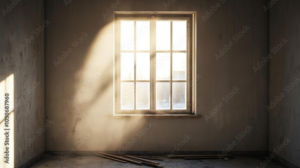 Fototapeta premium Sunlight piercing through a dusty, broken window in an abandoned house, as renovation tools lie ready for the work ahead house dust renovation, renewing hope
