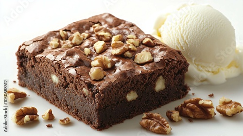 A Sweet Chocolate Brownie. A fudgy chocolate brownie topped with walnuts and served with a scoop of vanilla ice cream.