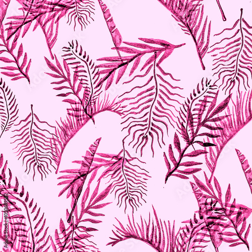 Leaves Background Watercolor. Bright Beach Leaves. Tropical Tree Pattern. Coral Watercolor Tropical Summer. Pale Hawaiian Print Designs. Lilac Tropical Leaves Hibiscus.