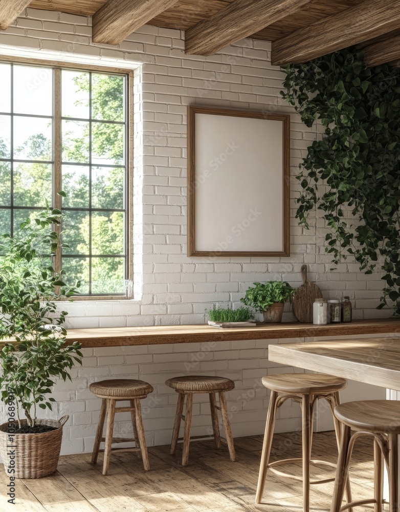 Fototapeta premium Mock up poster frame in kitchen interior, Scandinavian style, 3d render, Generative AI