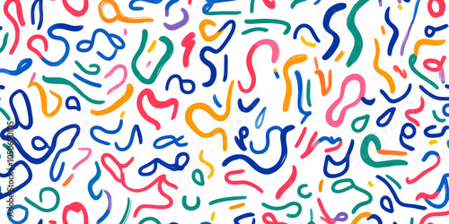 Fun colorful line doodle seamless pattern. Creative minimalist style art background for children or trendy design with basic shapes. Simple childish scribble backdrop.