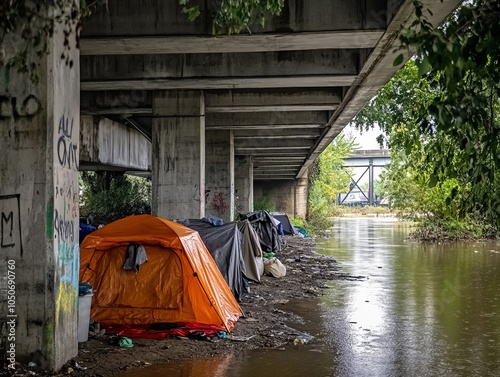 Tents set up under a bridge in a city, concept of poverty, homelessness, and survival, urban area with greenery visible