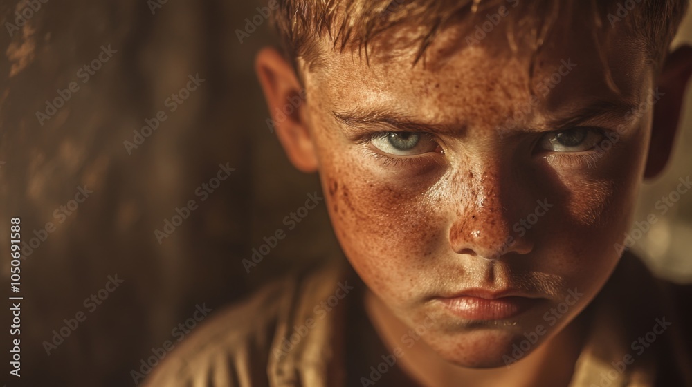 Obraz premium Close-up Portrait of a Young Boy with a Determined Expression