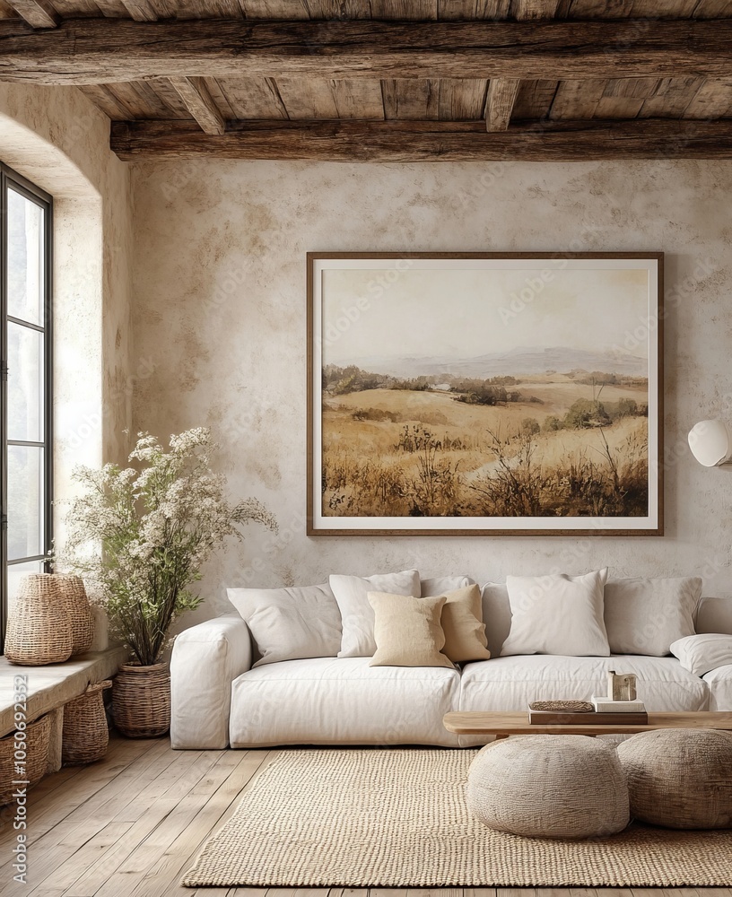 Fototapeta premium Mockup frame in farmhouse living room interior, 3d render, Generative AI