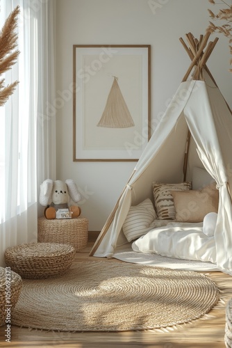 Mock up frame close up in children room with natural wooden furniture, 3D render, Generative AI