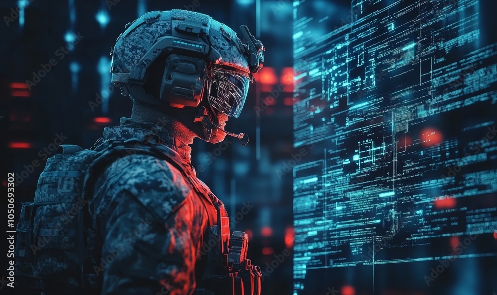 Futuristic Soldier in High-Tech Combat Gear Engaging with Virtual Interface and Digital Data Streams in Sci-Fi Warfare Environment, Generative AI Futuristic Soldier in High-Tech Combat Gear Engaging with Virtual Interface and Digital Data Streams in Sci-Fi Warfare Environment, Generative AI