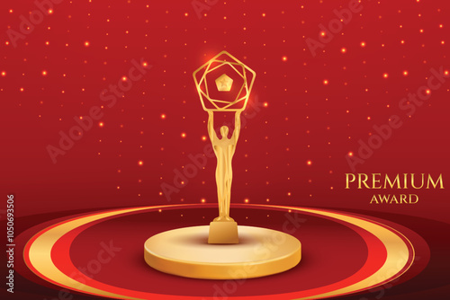 Golden Premium Luxury Award On Podium With Glowing Bling Lights On Red Background. Royal Theme Movie, Television Icon Award Celebration Concept Design Vector Illustration