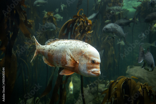 Roman fish in the kelp forest. Chrysoblephus laticeps in Two ocean aquarium in Cape Town. Big orange fisch in coast line in South Africa.  photo