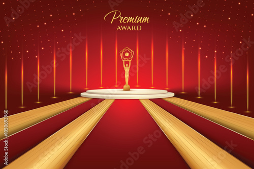 Golden Premium Luxury Award On Podium With Series Of Beam Lights On Red Background. Royal Theme Movie, Television Icon Award Celebration Concept Design Vector Illustration