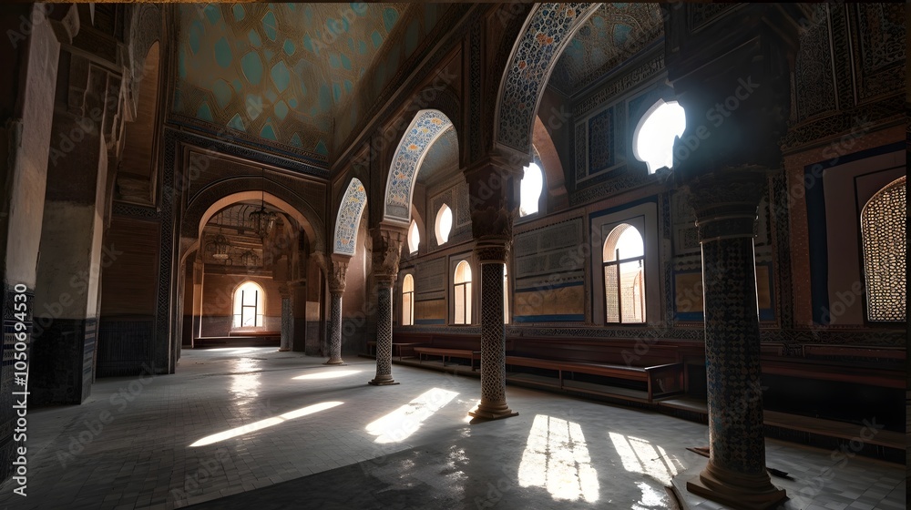Obraz premium A mosque that has been in use for 700 years, featuring intricate Islamic architecture, a large arched window that overlooks the Nile River and lush greenery