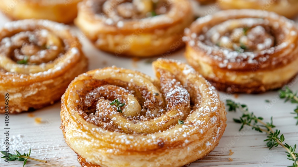 Crispy palmiers with a delicate sugar glaze, isolated on a light wooden background, garnished with fresh thyme and powdered sugar Crispy palmiers with a delicate sugar glaze, isolated on a light wooden background, garnished with fresh thyme and powdered sugar