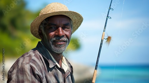 An older man with grey hair and a beard, wearing a straw hat, smiles while holding a fishing rod.