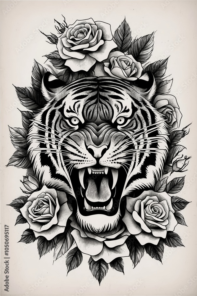 Obraz premium Fierce Elegance Tiger and Roses Tatto Art