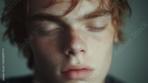 Close-up portrait of a young man with freckles and closed eyes