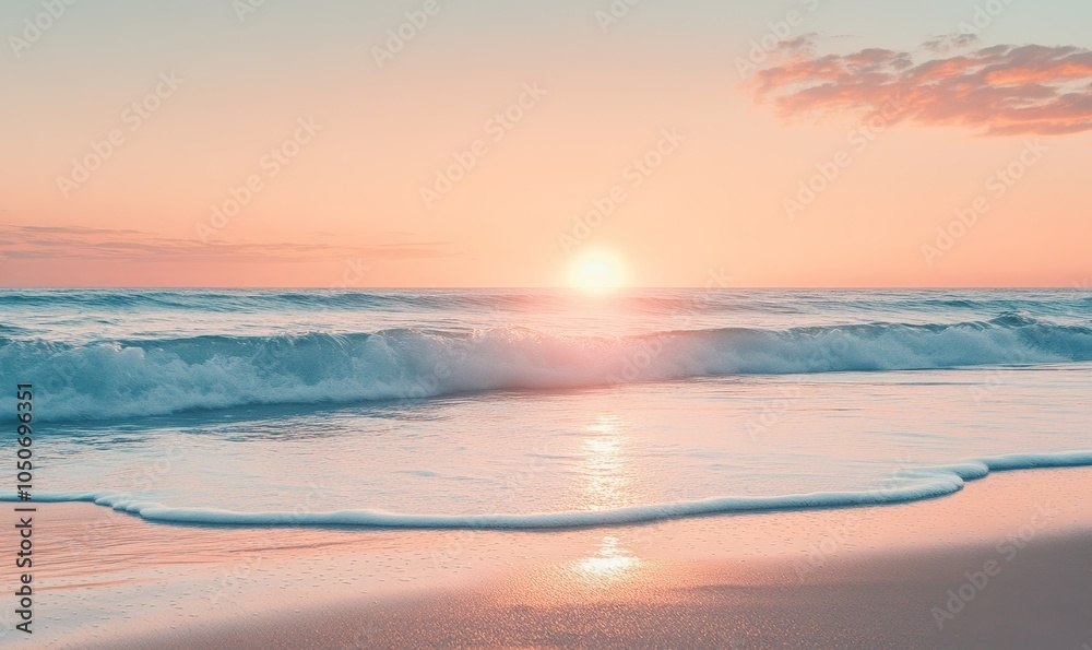 Fototapeta premium Tranquil Beach Sunset with Gentle Waves and Soft Peach Sky for Relaxation and Meditation Concepts, Generative AI