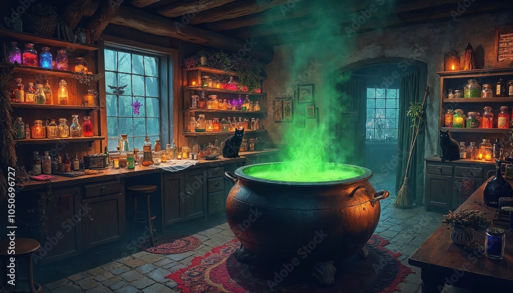 Mystical Halloween Witch's Kitchen With Glowing Green Cauldron, Magical Potion Jars, And Enchanted Black Cat