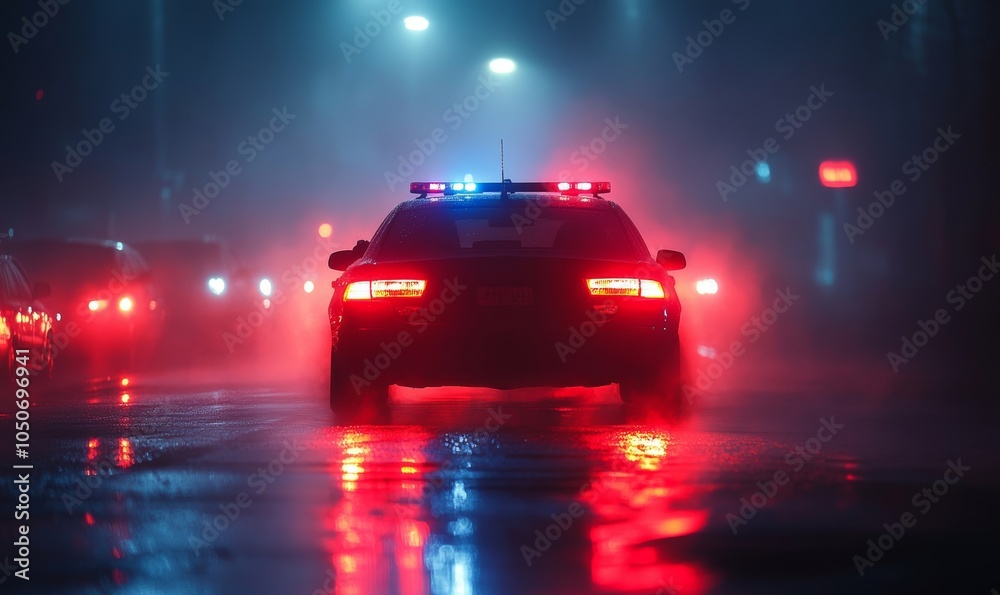 Night Patrol Drama: Fog-Enveloped Police Car Chase - Blurred Background, Generative AI Night Patrol Drama: Fog-Enveloped Police Car Chase - Blurred Background, Generative AI