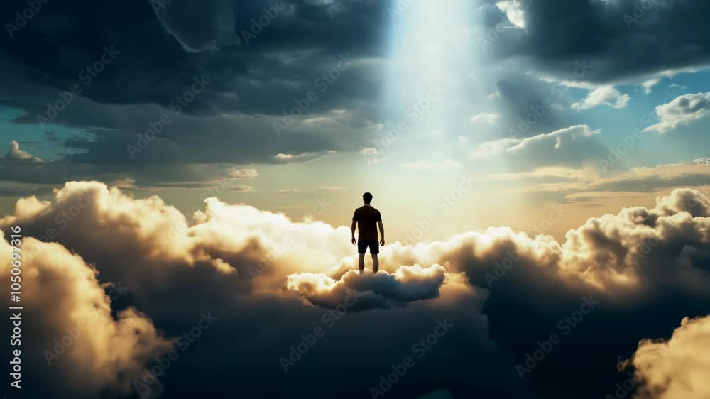 A person walks on a bridge among the clouds, evoking a sense of transition into the unknown and mysterious space. video