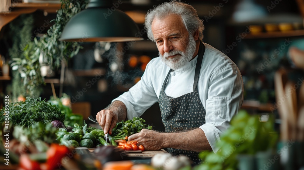Senior Chef Preparing Fresh Vegetables Senior Chef Preparing Fresh Vegetables