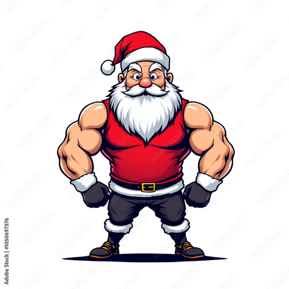 A muscular Santa Claus stands confidently with his hands on his hips, wearing a sleeveless red outfit and classic Santa ha A muscular Santa Claus stands confidently with his hands on his hips, wearing a sleeveless red outfit and classic Santa ha