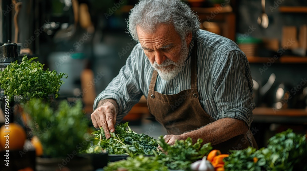 Elderly Chef Preparing Fresh Herbs in Kitchen Elderly Chef Preparing Fresh Herbs in Kitchen